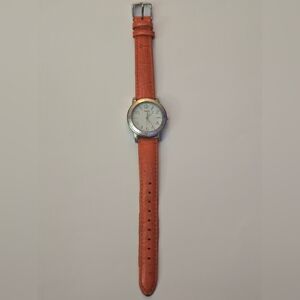 Timex Vtg Women’s Watch Silver Tone With White Dial Orange/red Leather Strap